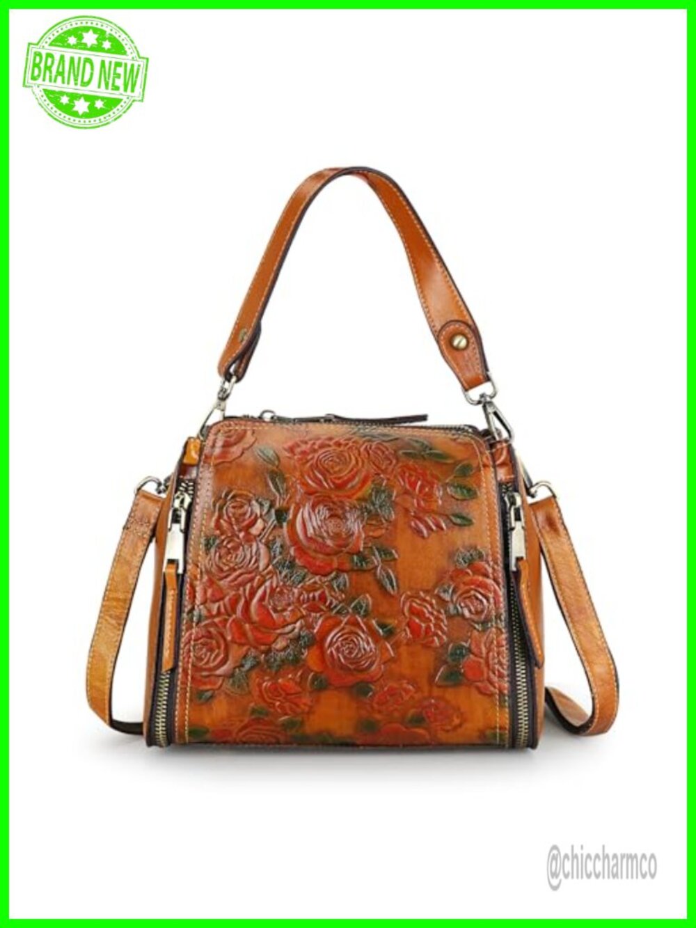 Vintage Leather Crossbody Satchel Handbag with Floral Embossing